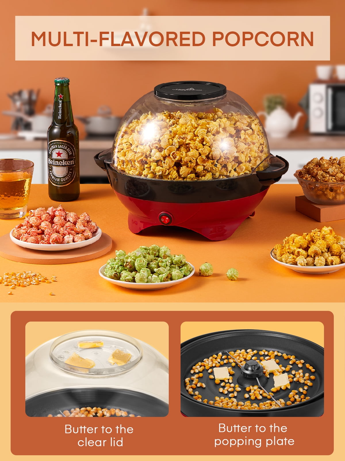HOUSNAT Electric Popcorn Popper, 6-Quart/28-Cup, Fast Hot Oil Pop corn Maker Machine, Thicken Transparent Cover