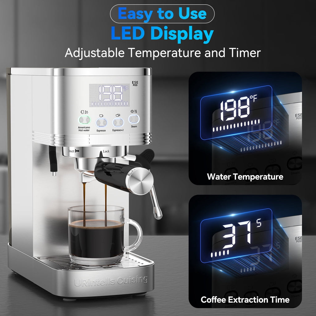 URintells Cuising 20 Bar Espresso Machine with Milk Frother, Built-in Timer, 1350 W Coffee Maker for Cappuccino, Latte & Americano