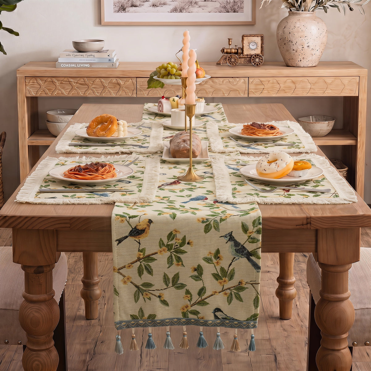 MeyJey Table Runner and Placemats Set of 4, Washable Fabric Rectangle Dining Table Mats with Tassels for Dining Tables, Kitchen, Red/Beige