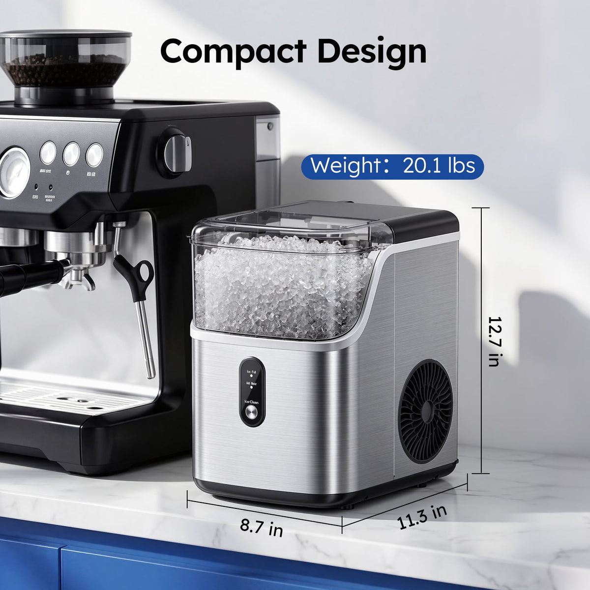 Simzlife Countertop Nugget Ice Maker, 35 Lbs/24H Portable Sonic Ice, Self-Cleaning Ice Machine, Chewable Pellet Ice, Stainless Steel