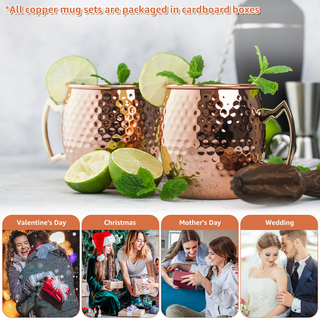 Jetcloudlive Moscow Mule Mugs Set of 2,16 oz Hammered Copper Cups with 304 Stainless Steel Lining and Gold Brass Handles,Perfect for Cold Drinks,Beer,Wine,Bars,Parties,Gifts