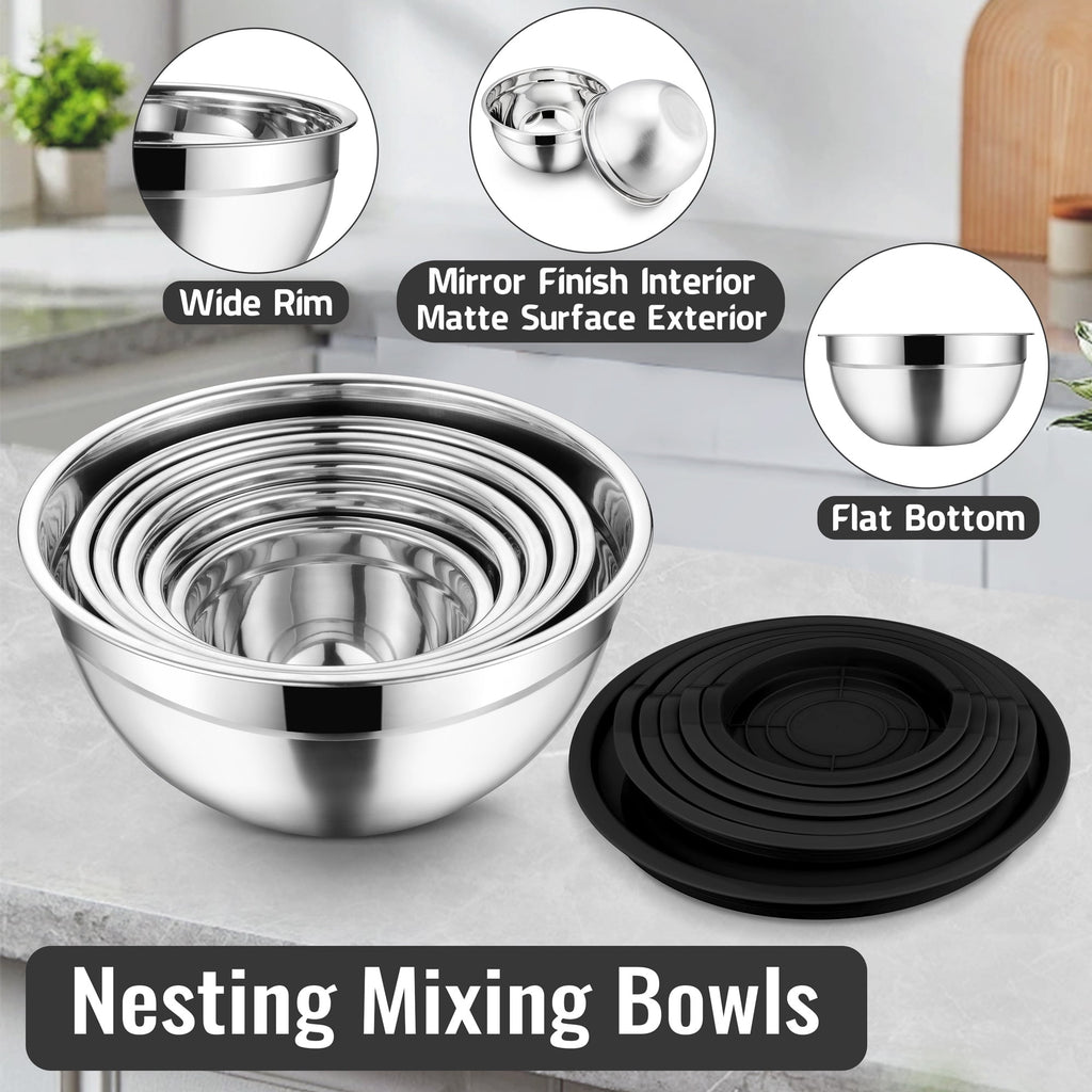 Mixing Bowls with Lids Set of 9, Vesteel Stainless Steel Mixing Bowls Metal Nesting Salad Bowls Attach with 3 Graters for Kitchen Grating/ Shredding, Size 4.6, 2.6, 2, 1.5, 1, 0.7 QT - Multi-Color