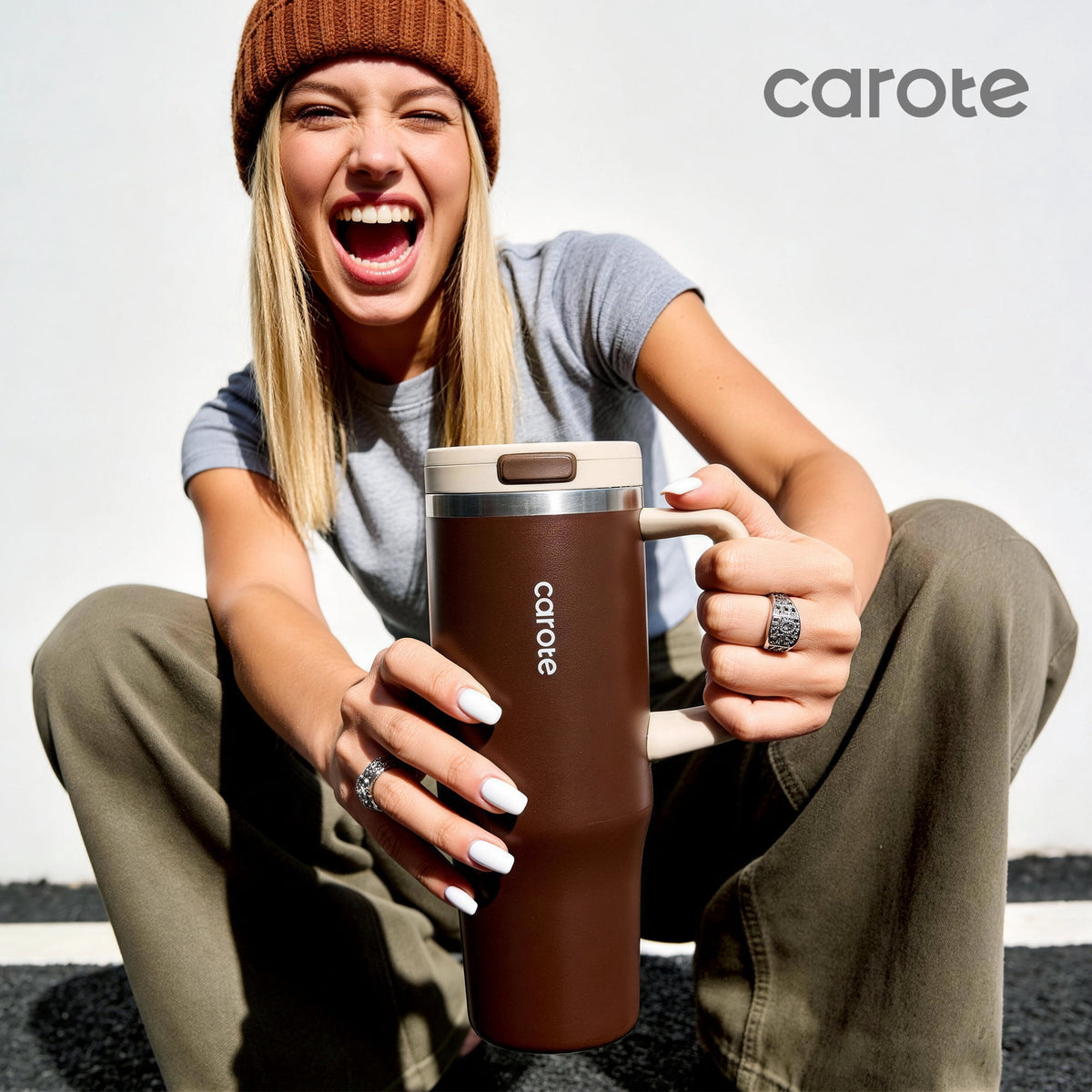 Carote Insulated Stainless Steel Tumbler with Handle and Lid, Leakproof Double Wall Vacuum Travel Mug, Reusable Cup for Hot & Cold Drinks, Pink, 32oz