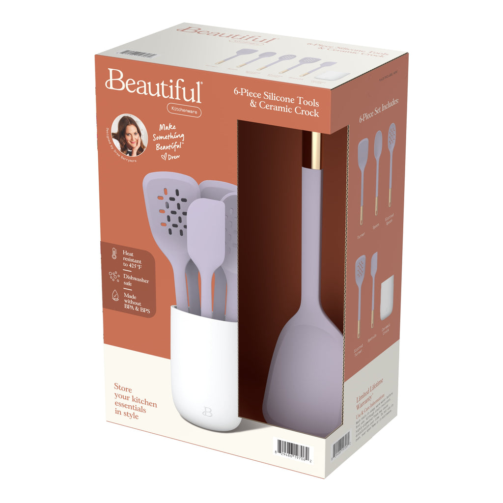 Beautiful 6-Piece Silicone Kitchen Tool Set with Ceramic Crock, Chocolate by Drew Barrymore