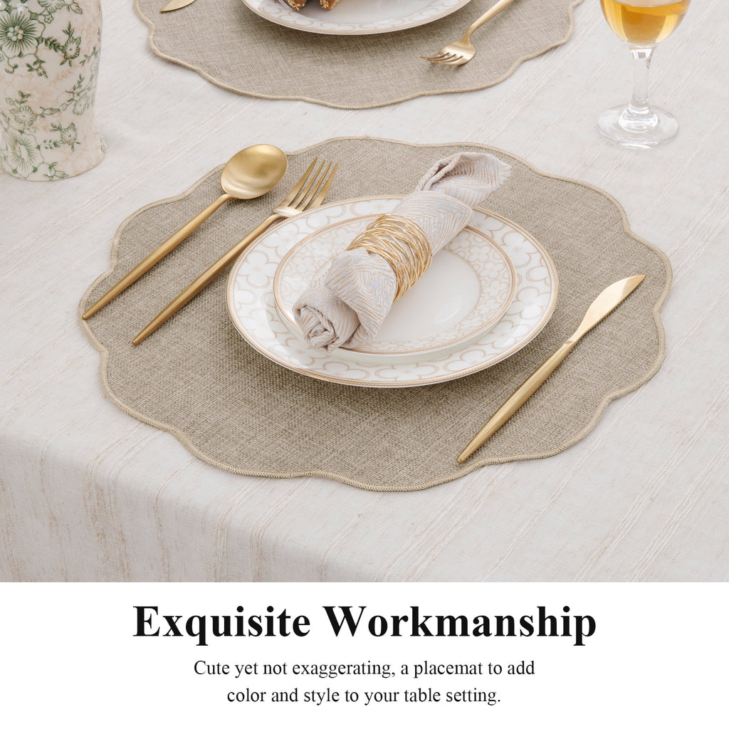 Ileading Scalloped Round Placemats Set of 6 Polyester Linen Blend Washable Non Slip Place Mats Easy Clean Heat Resistant Table Mats for Kitchen Dining Table Decor