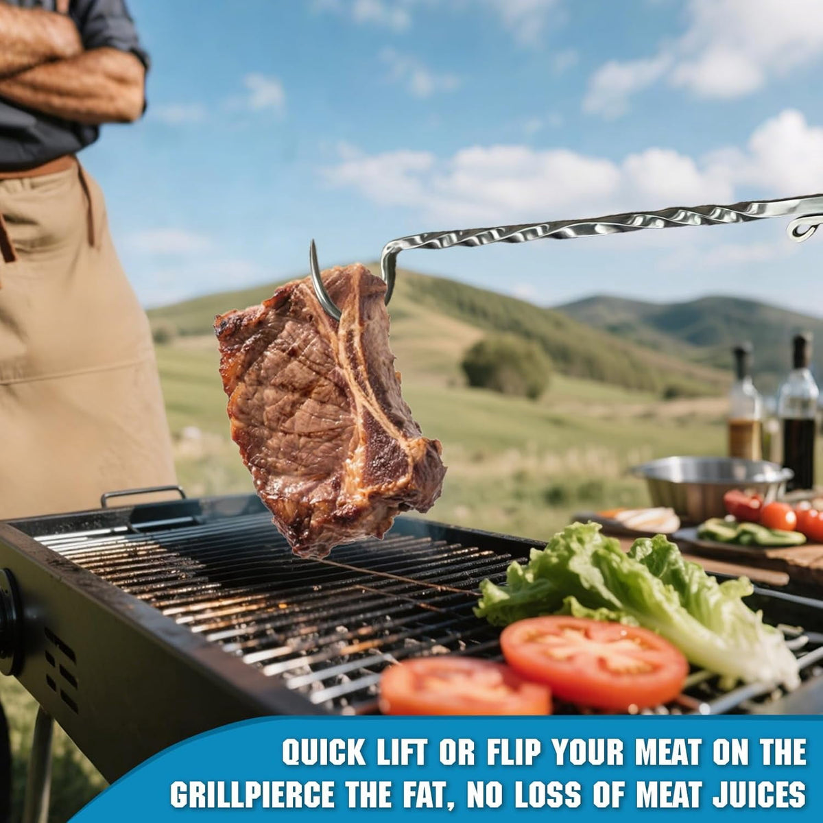 Meat Flipper, Grill Hooks for Turning, Heavy Duty Stainless Steel BBQ Turner Hooks with Long Handle for Flipping Ribs, Pork Shoulder, Roast on Smoker Grilling (Right Hand A)