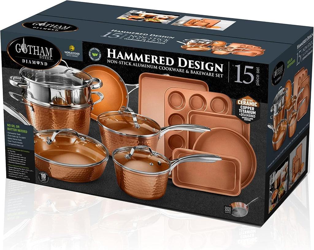 Gotham Steel Hammered 15 Pc Ceramic Cookware Set Nonstick, Deep Copper Pots and Pans Set Non Stick with Bakeware & Deep Fry Pan, Non Toxic Induction Oven and Dishwasher Safe