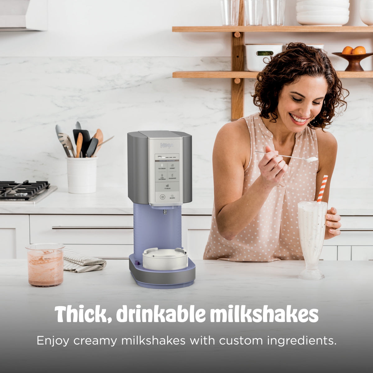 Ninja Creami Ice Cream Maker, for Mix-ins, Milkshakes, Sorbet, 5 One-Touch Programs, (2) 16 Oz Pint Containers & Lids, NC350 White