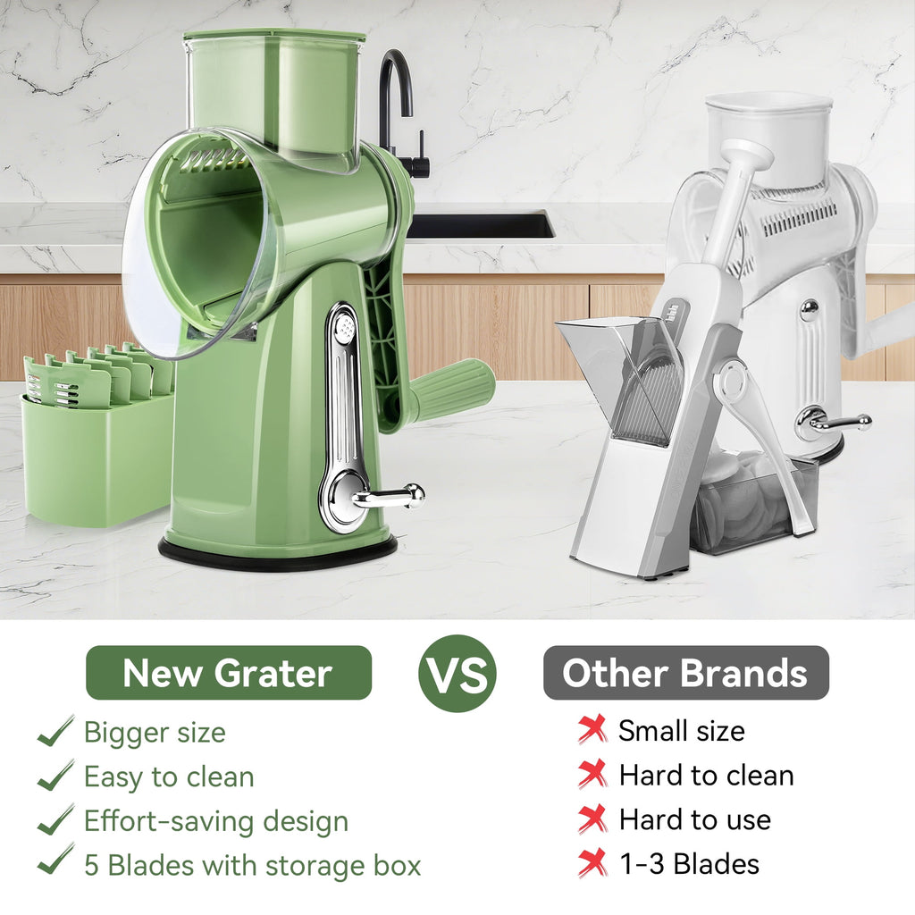 Pukomc Rotary Cheese Grater with Handle- 5 Blades, Suction Base, Mandoline Slicer & Veg Shredder with Blade Storage Box(Green)