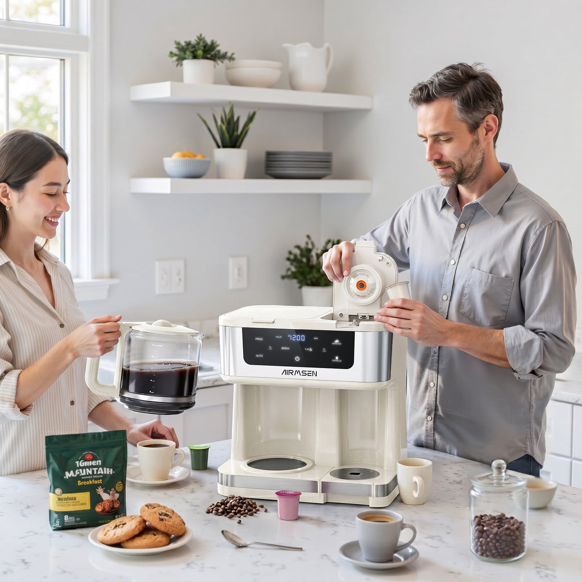 AIRMSEN 12-Cup Drip Coffee Maker with K Cup Combo, Programmable Coffee Machine with 1-4 Cup Setting, Single Serve or Coffee Pot, Auto Shut-off, Spill-Free Spout