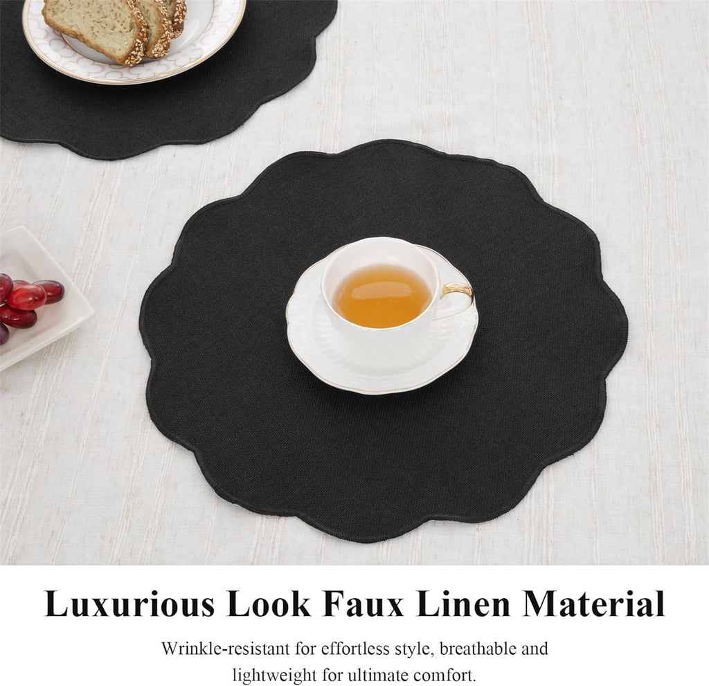 Ileading Scalloped Round Placemats Set of 6 Polyester Linen Blend Washable Non Slip Place Mats Easy Clean Heat Resistant Table Mats for Kitchen Dining Table Decor