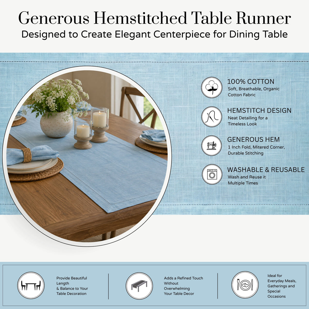 Fingercraft Table Runners, Cotton Dinner Table Centerpiece with Beautiful Premium Lace, Home and Dining Aqua-90