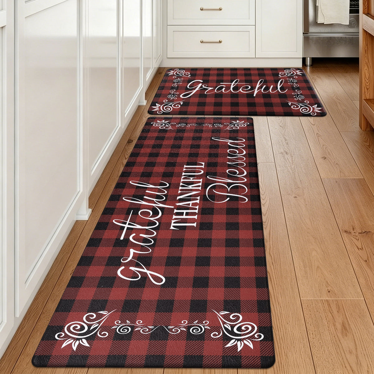 MeyJey Farmhouse Kitchen Rug Set of 2, Non-Slip Anti-Fatigue Waterproof Cushioned Mat for Kitchen, Dining & Laundry Room, 18"x30"+18"x48" Teal/Brown
