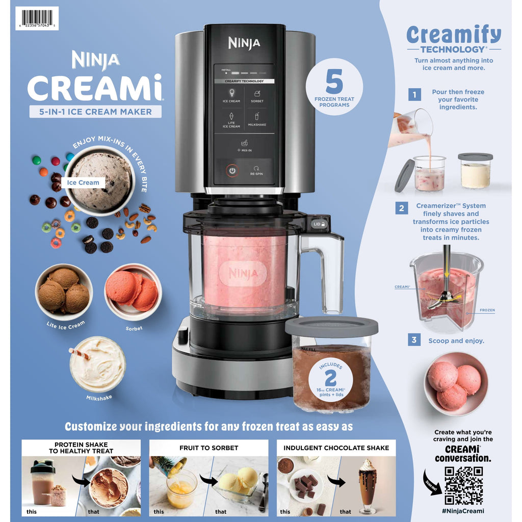 Ninja Creami Ice Cream Maker, for Mix-ins, Milkshakes, Sorbet, 5 One-Touch Programs, (2) 16 Oz Pint Containers & Lids, NC350 White