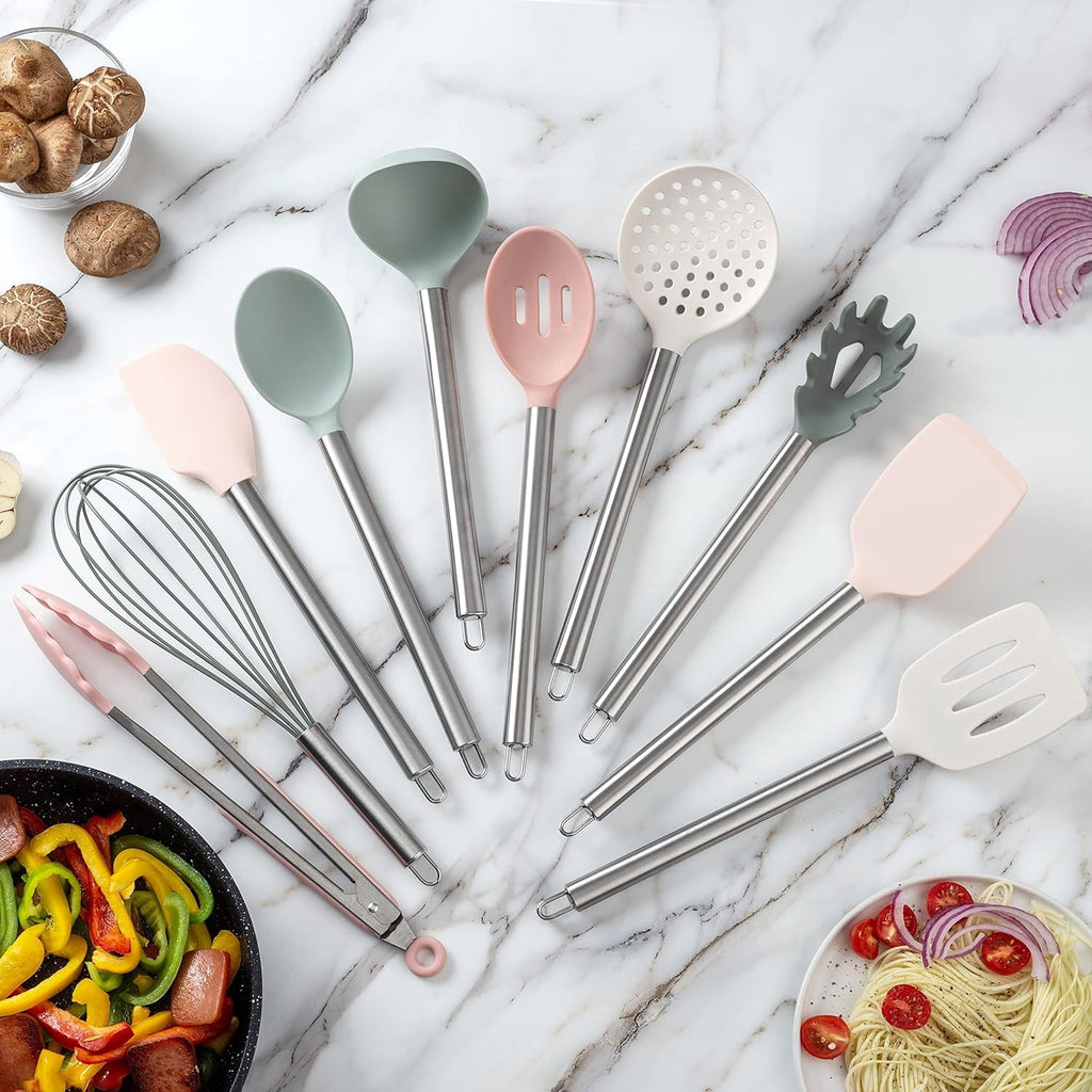 COOK WITH COLOR Kitchen Utensils Set, 10-Piece Cooking Utensils with Holder, Teal