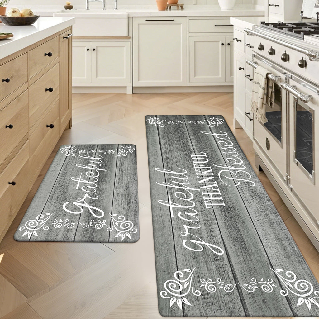 MeyJey Farmhouse Kitchen Rug Set of 2, Non-Slip Anti-Fatigue Waterproof Cushioned Mat for Kitchen, Dining & Laundry Room, 18"x30"+18"x48" Teal/Brown