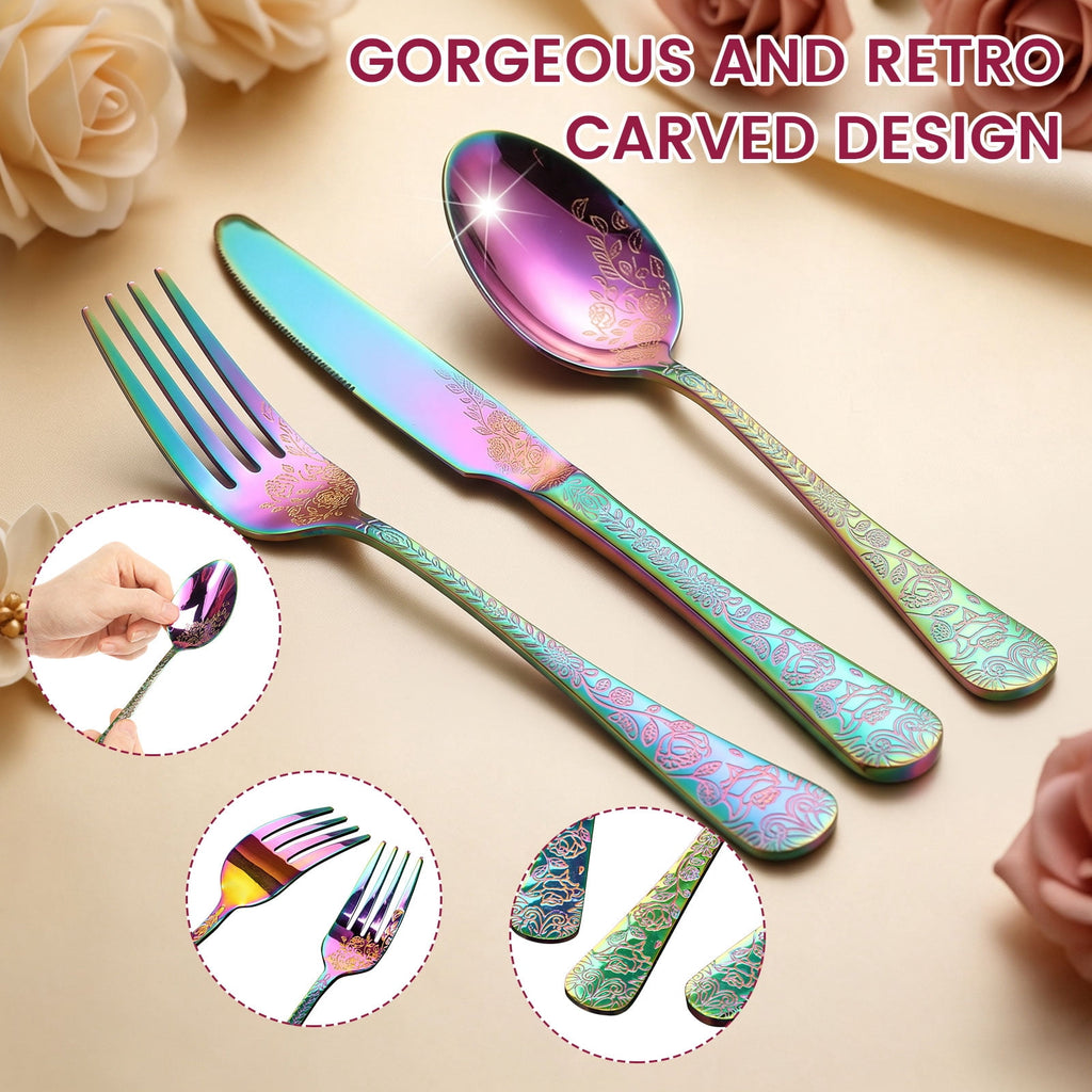 20 Pcs Floral Silverware Set Including Fork Spoon and Knife Stainless Steel Flatware Set Vintage Cutlery Set Mirror Polished Utensil Set for Kitchen Dishwasher Safe Service for 4