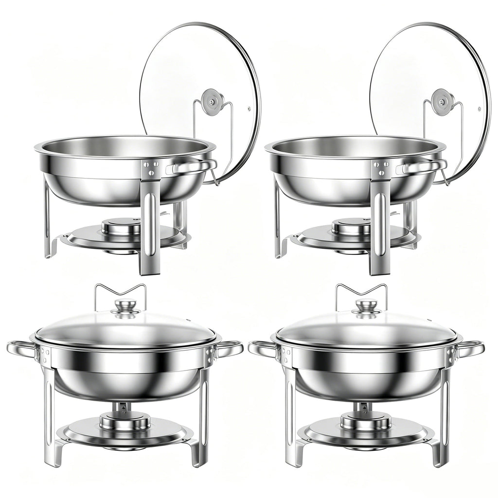 Chafing Dish Buffet Set 4 Pack: TINANA 5QT Stainless Steel Chafing Dishes for Buffet with Glass Lid & Lid Holder, Round Chafers and Buffet Warmers Sets for Parties, Events, Wedding, Camping, Dinner