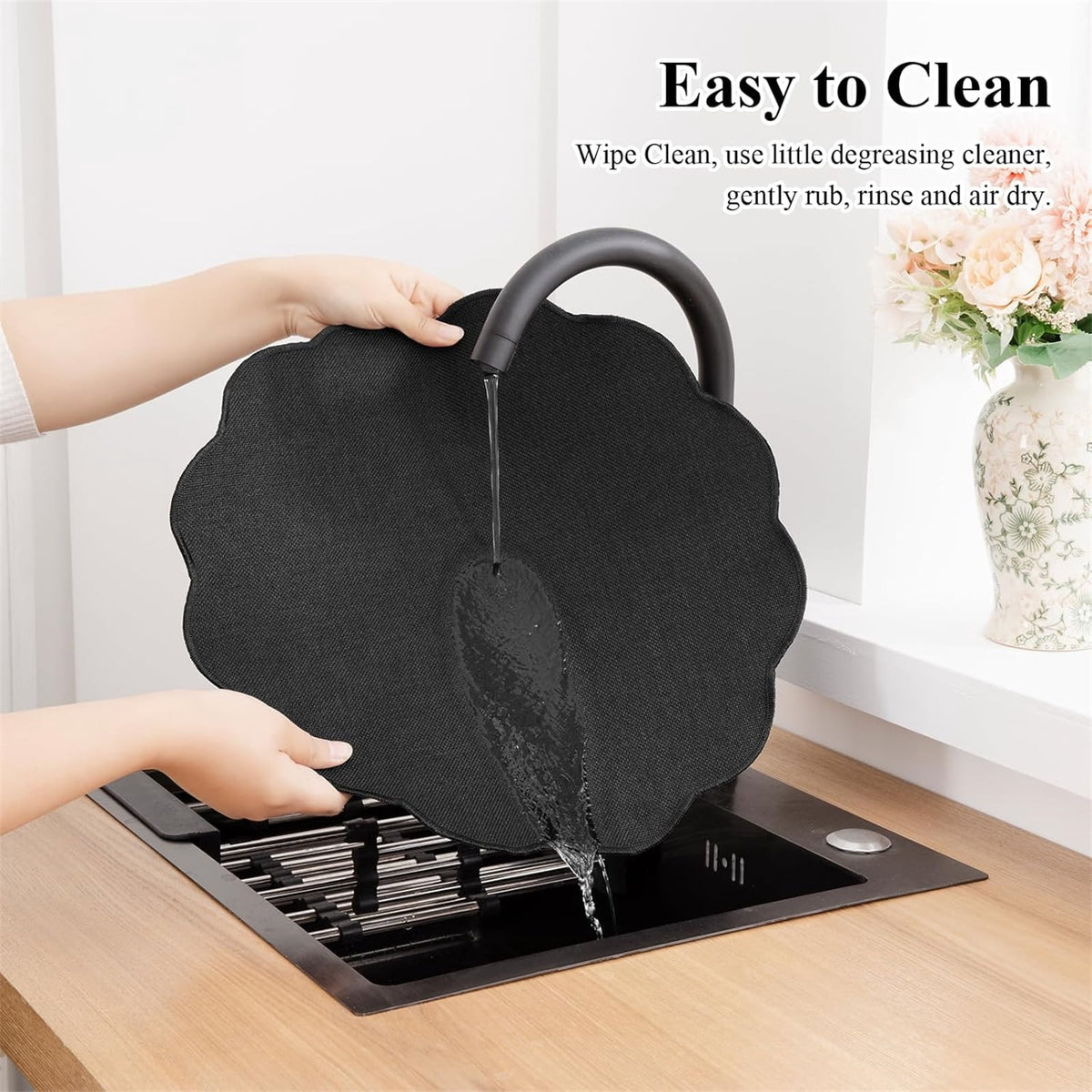Ileading Scalloped Round Placemats Set of 6 Polyester Linen Blend Washable Non Slip Place Mats Easy Clean Heat Resistant Table Mats for Kitchen Dining Table Decor