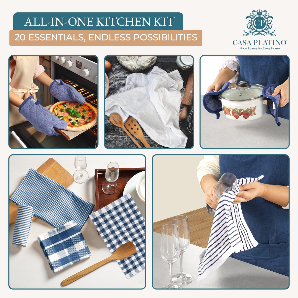 20 Piece Kitchen Towel Set - Cotton Dish Towels, Heat Resistant Kitchen Mittens and Pot Holder Set, Apron for Women with Pockets , Absorbent Dish Towels for Kitchen Drying - Olive