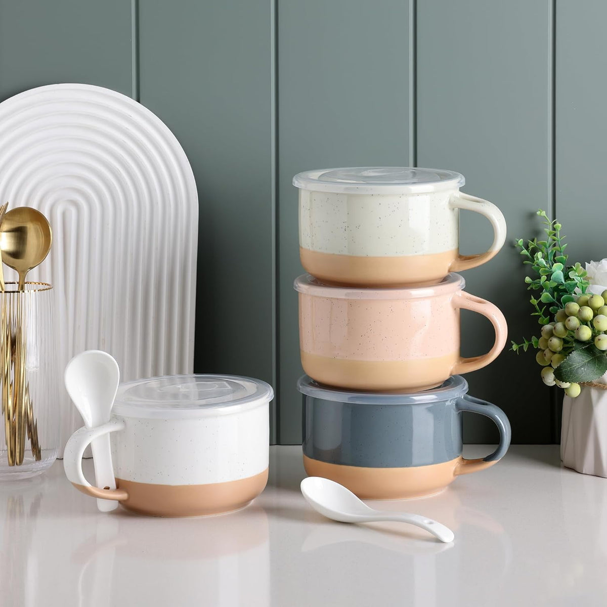 AmorArc Ceramic Soup Mugs with Handles and Lids,24 OZ Soup Cups Set of 2 with Terracotta Underside,Mug Bowls with Spoon for Soup/Cereal/Salad/Noodles/Ramen/Microware &Dishwasher Safe-White &Peach
