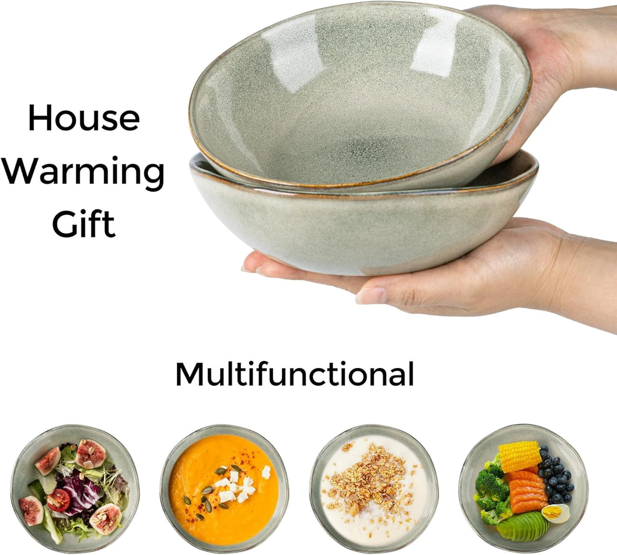 AmorArc Ceramic Cereal Bowls Set of 6, 24 oz Handmade Stoneware Bowls Set for Cereal Soup Salad, Stylish Kitchen bowls for Meal, Dishwasher & Microwave Safe, Reactive Glaze-Pearl White