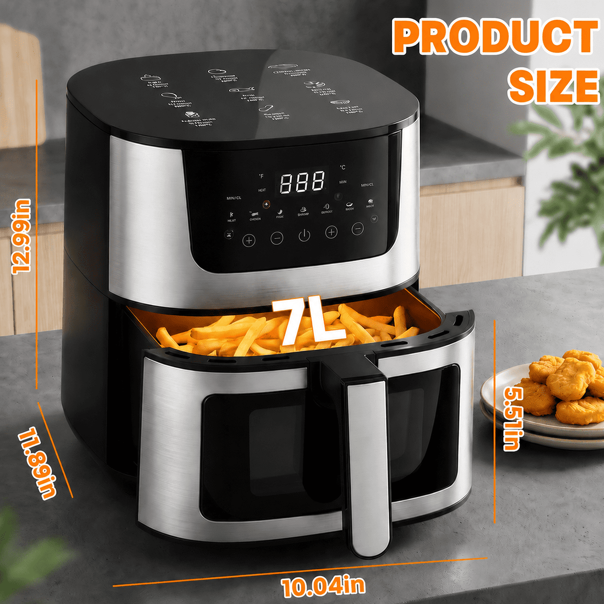 Yilush 7.5 Qt. Air Fryer 9 Functions w/ Touch Controls, HI-FRY Button, Stainless Steel（Black）
