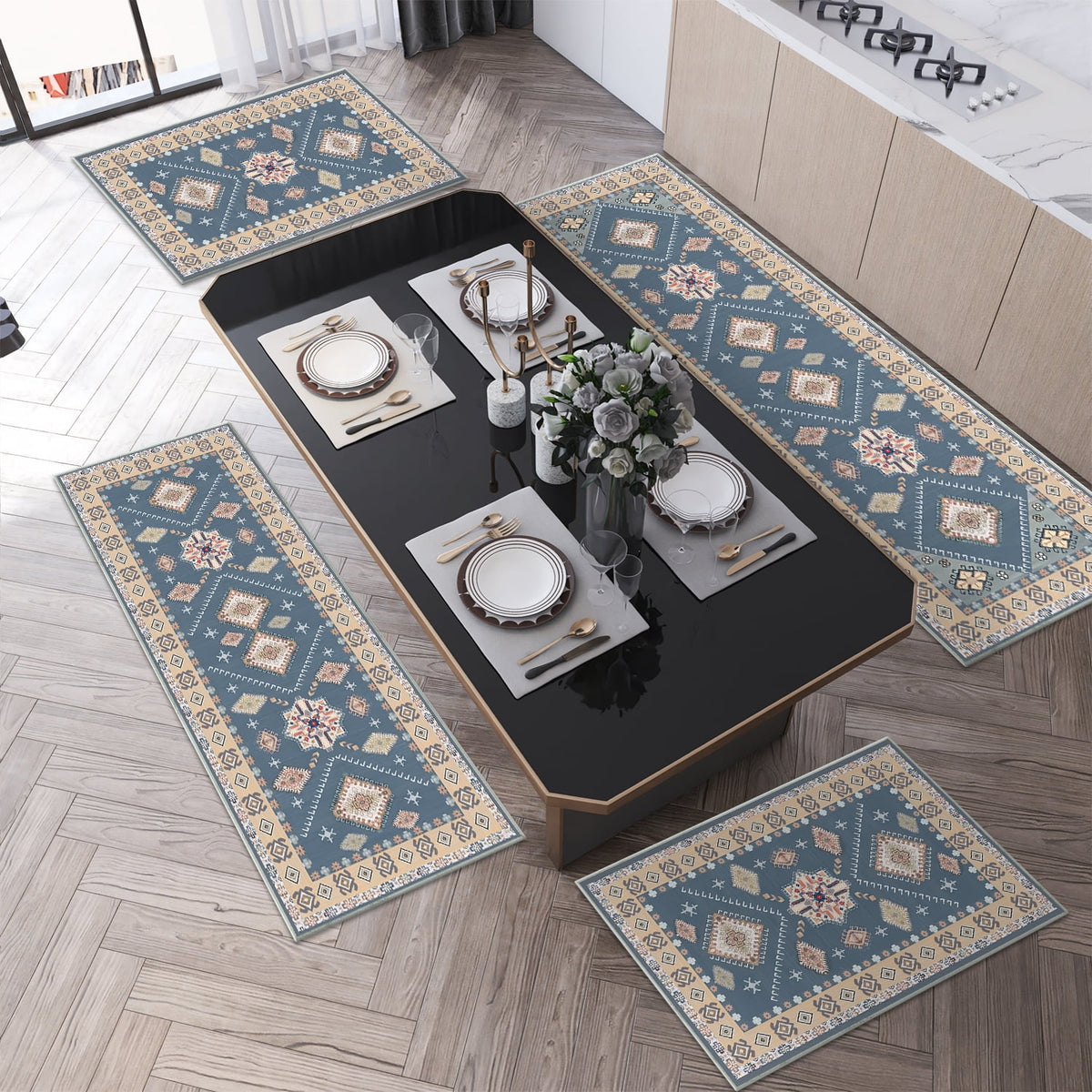 TECHVIDA Kitchen Rug Set 3 Piece,Non Slip Machine Washable Kitchen Mats, Farmhouse Hallway Doormat for Home Floor and Living Room,Gray