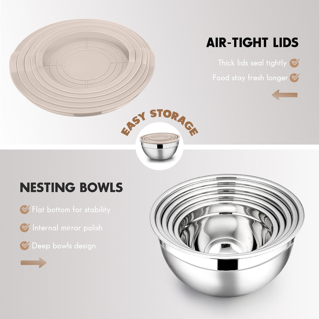 Mixing Bowls with Lids Set of 5, Vesteel Stainless Steel Mixing Bowls Metal Nesting Salad Bowls, Size 4.5, 3, 1.5, 1, 0.7 QT Great for Cooking, Baking, Serving - Multi-Color