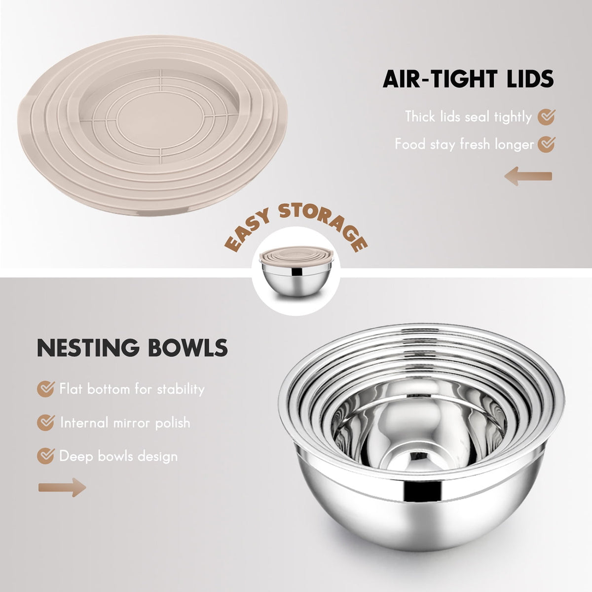 Mixing Bowls with Lids Set of 5, Vesteel Stainless Steel Mixing Bowls Metal Nesting Salad Bowls, Size 4.5, 3, 1.5, 1, 0.7 QT Great for Cooking, Baking, Serving - Multi-Color