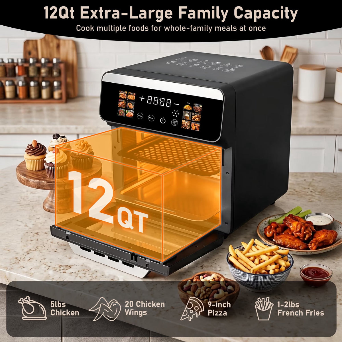 Smart Air Fryer Toaster Oven, 12 One-Touch Preset Functions, Smart Cooking Program, Viewing Window, Interior Light, Two Baking Pan Additions, Adjustable Time & Temperature, Oil-Free Family Cooker,