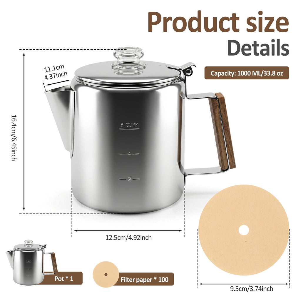 Jetcloudlive Stainless Steel Coffee Percolator 6-Cup Camping Coffee Pot with Glass Knob Portable Percolator Coffee Pot for Campfire or Stove Top Coffee Making