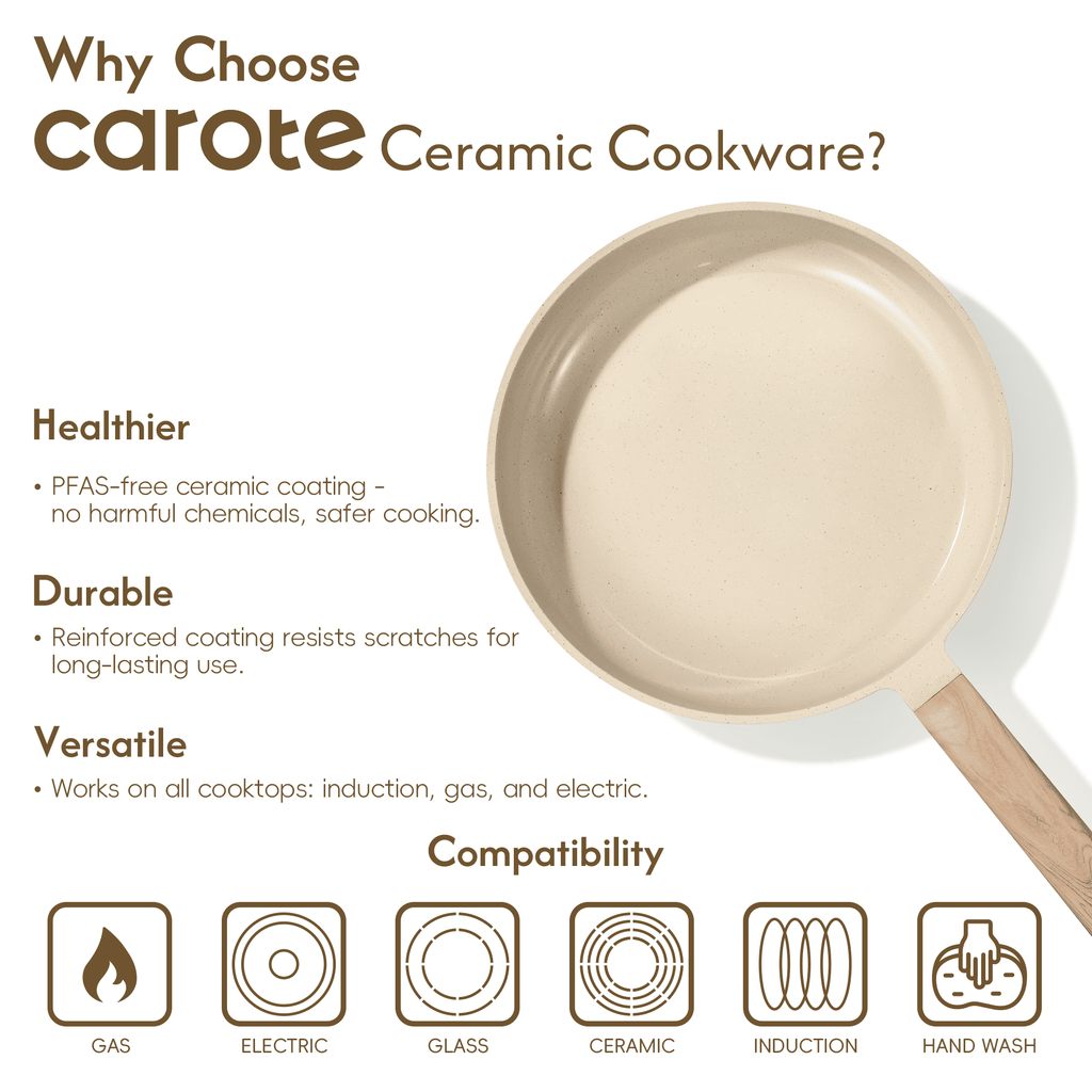 CAROTE 19-Piece Ceramic Pots and Pans Set, Nonstick Cookware Set with Lids, Induction Compatible, Oatmeal