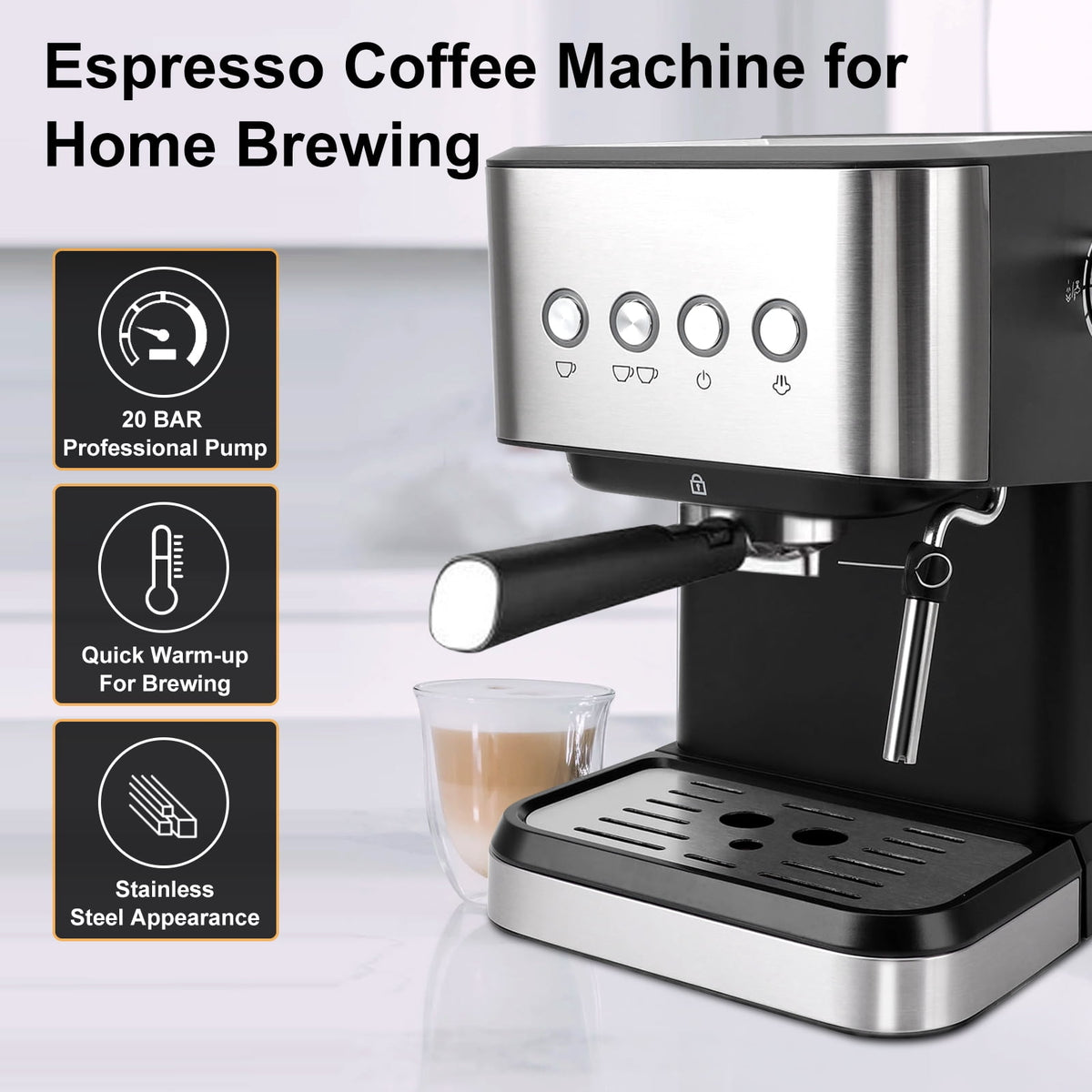 Fyydes Espresso Machine 20 Bar, 1.5L Water Tank with Milk Frother Steam, Stainless Steel Coffee Maker for Espresso, Latte, Mocha, Americano, 1050W, Silver