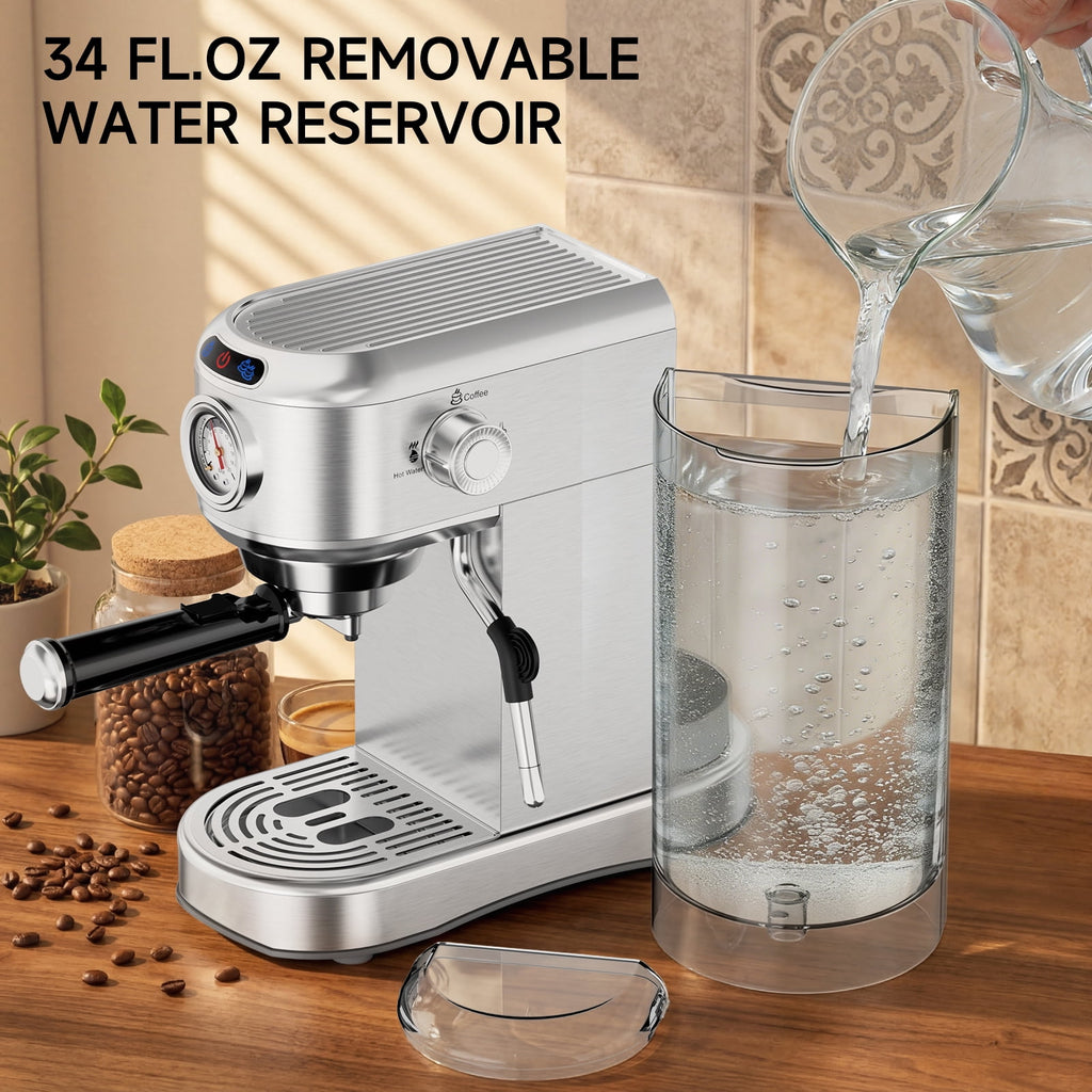 SUDILO 20 Bar Espresso Machine, Stainless Steel Coffee Maker with Steam Frother, 34oz Removable Water Tank, Compact for Home Office, Silver