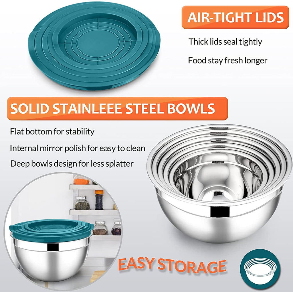 Mixing Bowls with Lids Set of 5, Vesteel Stainless Steel Mixing Bowls Metal Nesting Salad Bowls, Size 4.5, 3, 1.5, 1, 0.7 QT Great for Cooking, Baking, Serving - Multi-Color