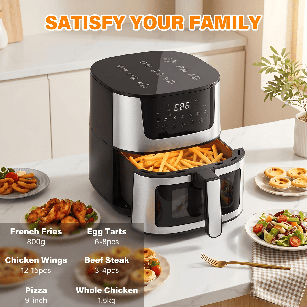 Yilush 7.5 Qt. Air Fryer 9 Functions w/ Touch Controls, HI-FRY Button, Stainless Steel（Black）
