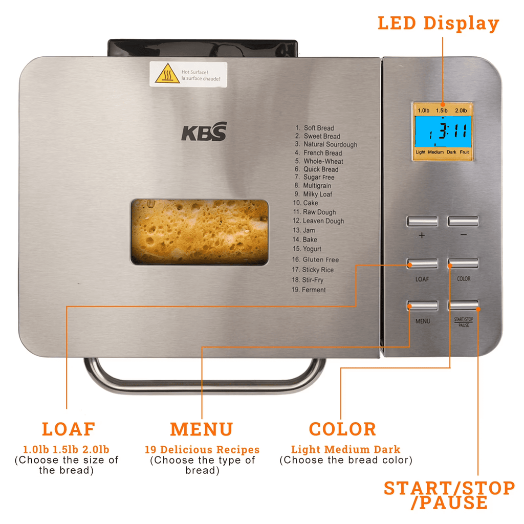 KBS 2lb Bread Maker Machine, 19-in-1 Automatic Bread Maker with Auto Nut Dispenser, Nonstick Pan, 15H Delay Timer, 1H Keep Warm, Stainless Steel