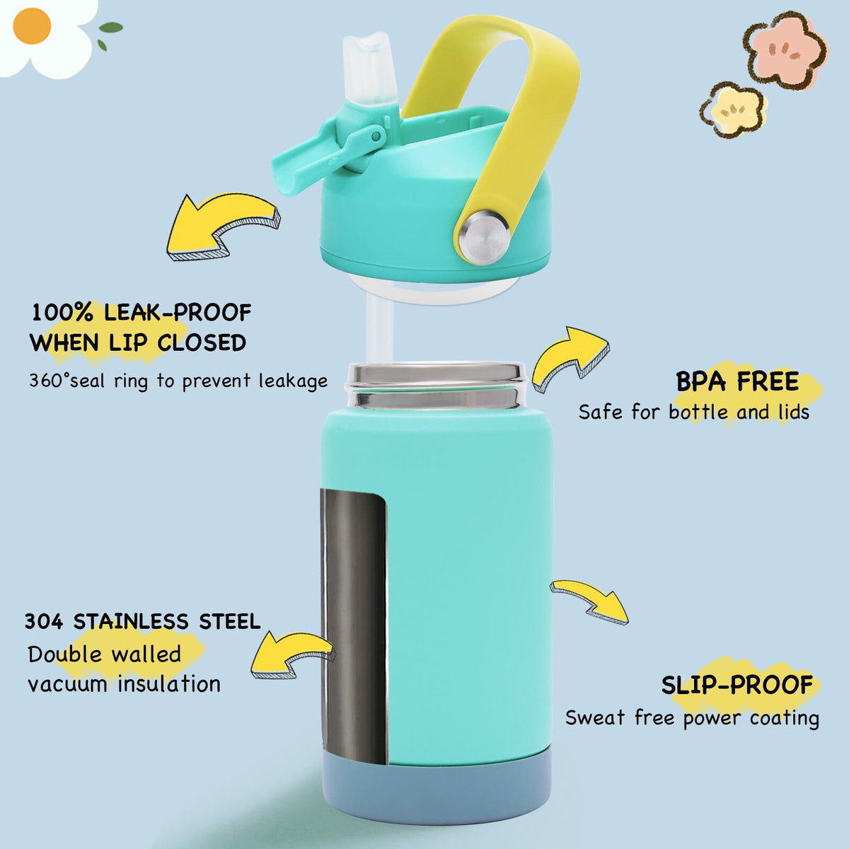 Hawsaiy 12oz Kids Insulated Water Bottle with Straw Lid, Leak-Proof Stainless Steel BPA-Free Thermos for School Boys and Girls