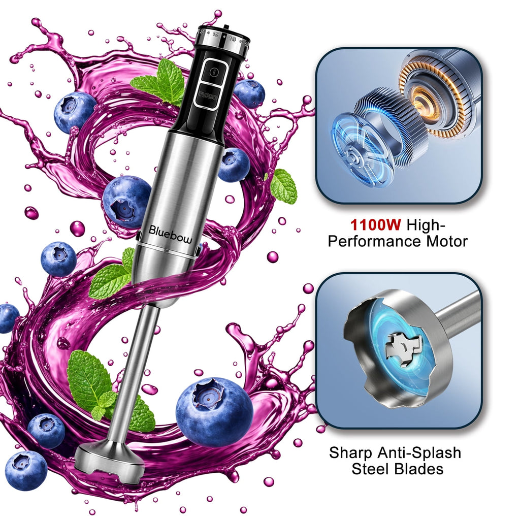 Bluebow Immersion Blender Handheld, 1100W 25 Speed 5-in-1 Stainless Steel Hand Blender with Turbo Mode, Scratch-Resistant Stick Blender for Kitchen Use, Purees Soups Smoothies, Black