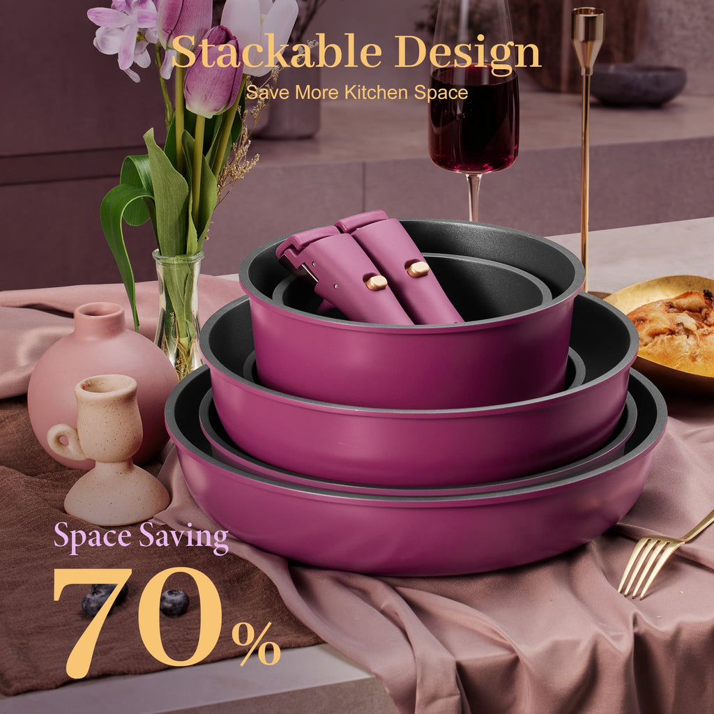 CAROTE 20 Pcs Nonstick Cookware Sets, Pots and Pans Set with Detachable Handles, Oven Safe, Induction Cookware, Stackable Kitchen Cooking Set, Ultra Violet