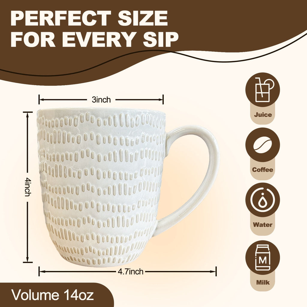 Soulgenix Coffee Mugs Set of 4, 14 Ounce Mug with Handles, Embossed Ceramic Coffee Cups for Coffee, Tea, Hot Cocoa, Milk, Microwave and Dishwasher Safe, Idea Gift for House Warming Gifts, Off White