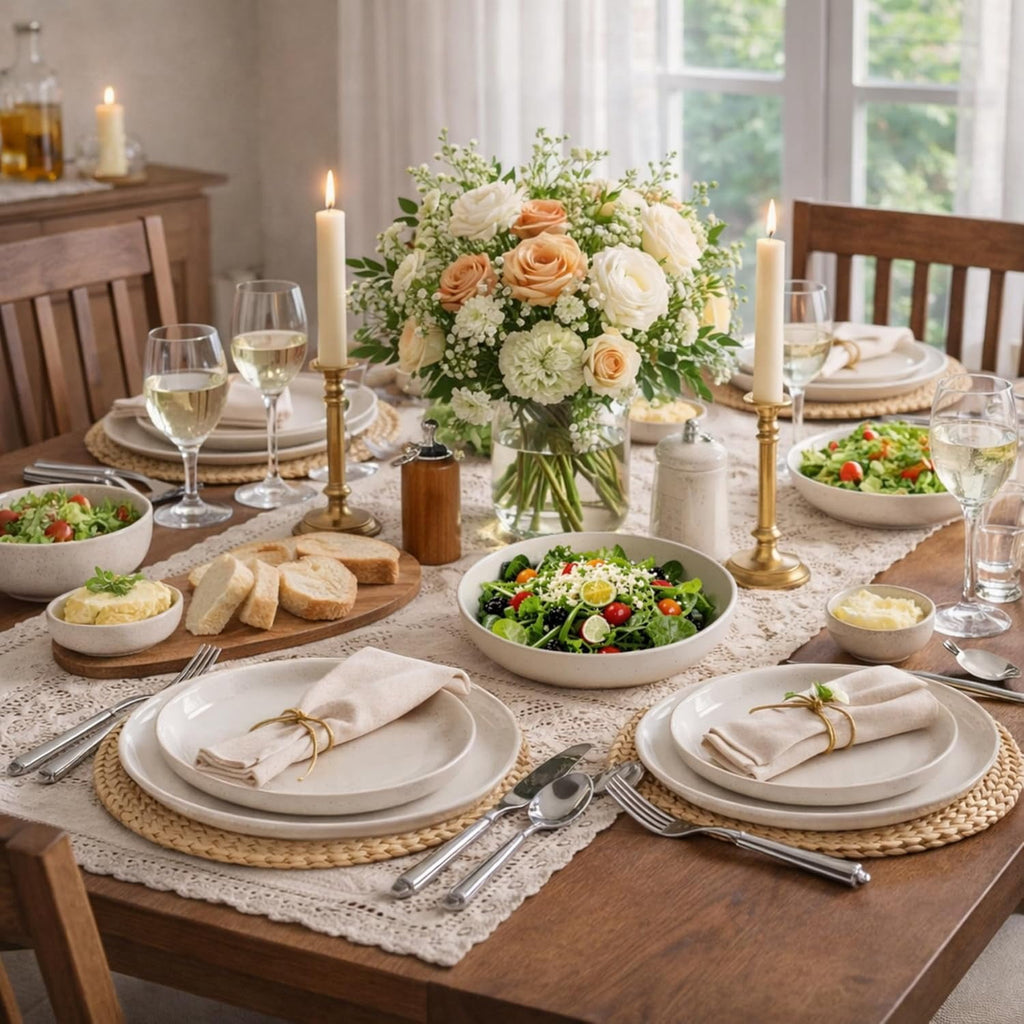 AmorArc Ceramic Dinnerware Sets for 4, 12 Pieces Handpainted Plates and Bowls Set with Rustic Terracotta Underside, Scratch Resistant Stoneware Dishes Set, Dishwasher & Microwave Safe,Light Beige