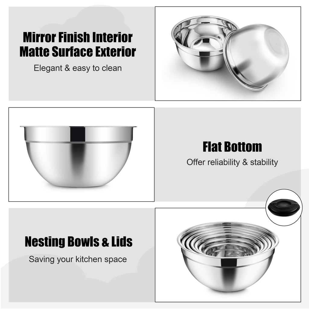 Mixing Bowls with Lids Set of 5, Vesteel Stainless Steel Mixing Bowls Metal Nesting Salad Bowls, Size 4.5, 3, 1.5, 1, 0.7 QT Great for Cooking, Baking, Serving - Multi-Color