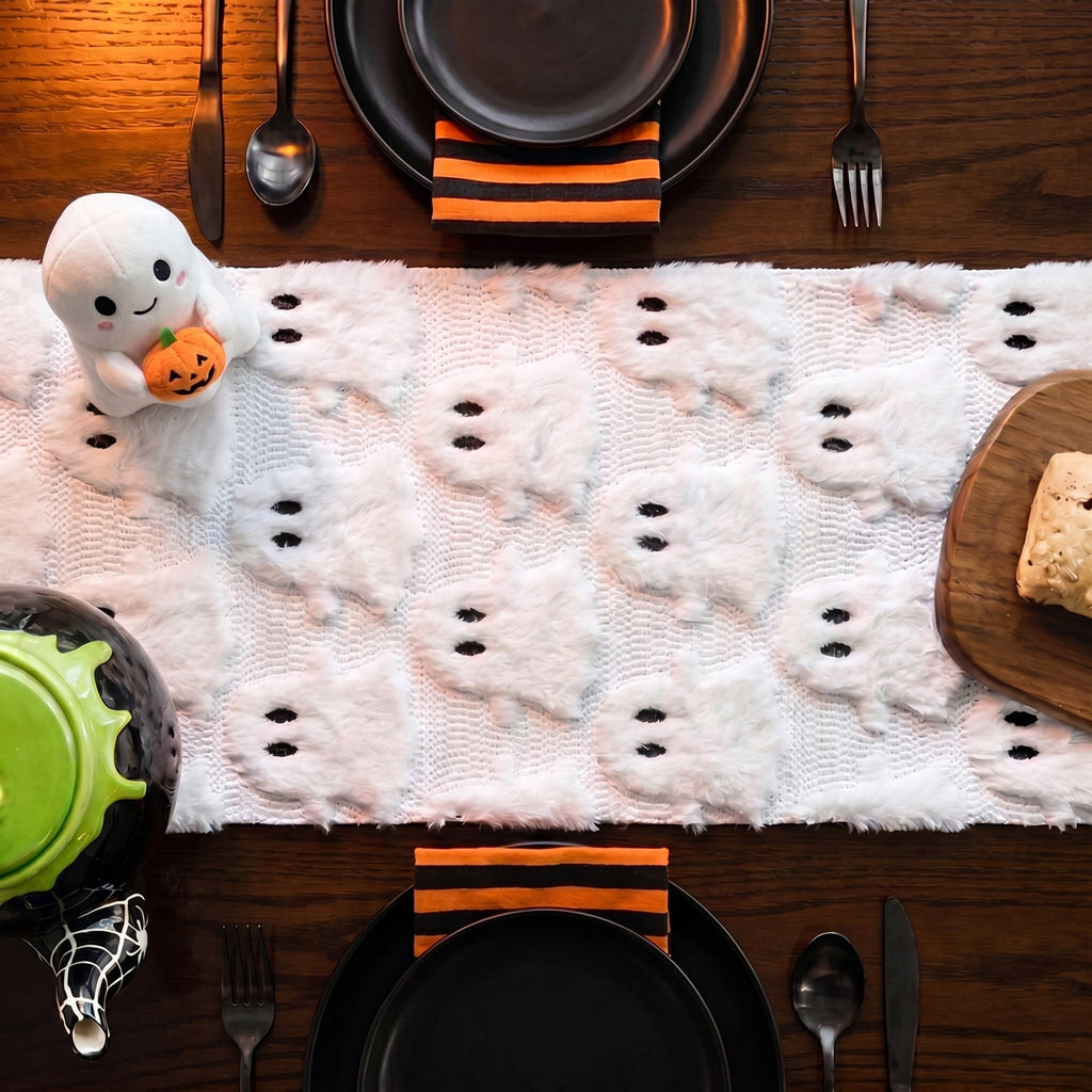 Sm:)e White Ghost Halloween Table Runner 13x72 Inch, Soft Plush Faux Fur Mantel Kitchen Dining Table Decor, Halloween Home Party Decor