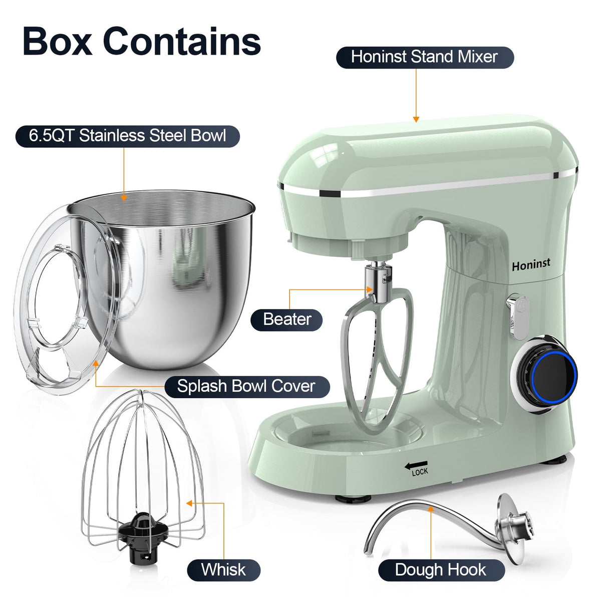 Honinst 6.5 QT Electric Stand Mixer, 10+P Speeds Lightweight with Tilt-Head Kitchen Stand Mixer, Dough Hook, Whisk, Beater and Bowl, Food Mixer for Baking, Cake and Most Home Cooks