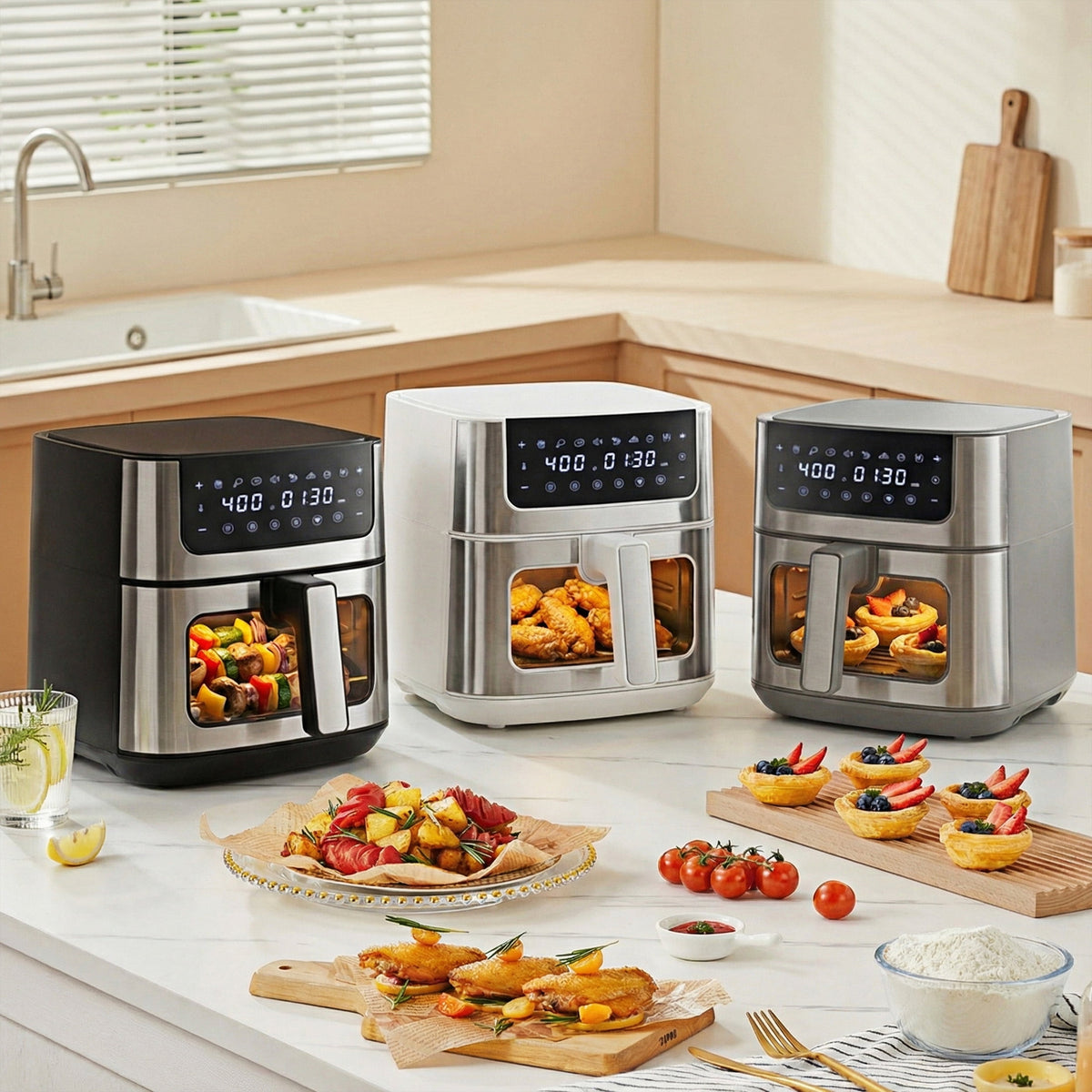 EDX 6QT Stainless Steel Air Fryer with Digital Touchscreen, 1500W, 8 Presets, Dishwasher Safe Basket, 90 Min Timer, 24H Delay Start, Gray