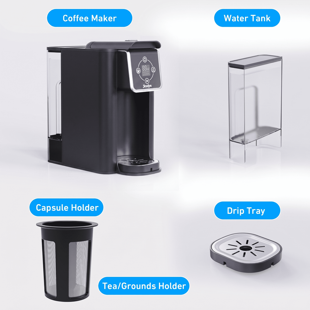 Jesslyn 3 in 1 Single Serve Coffee Maker: K Cup Coffee Machine Compatible with Grounds, Instant Coffee Pot, Tea Maker Brewer - Removable 50 oz Water Reservoir, 120V 1150W, Black