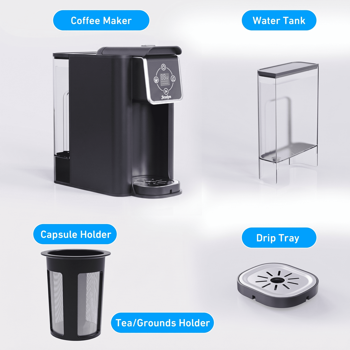 Jesslyn 3 in 1 Single Serve Coffee Maker: K Cup Coffee Machine Compatible with Grounds, Instant Coffee Pot, Tea Maker Brewer - Removable 50 oz Water Reservoir, 120V 1150W, Black
