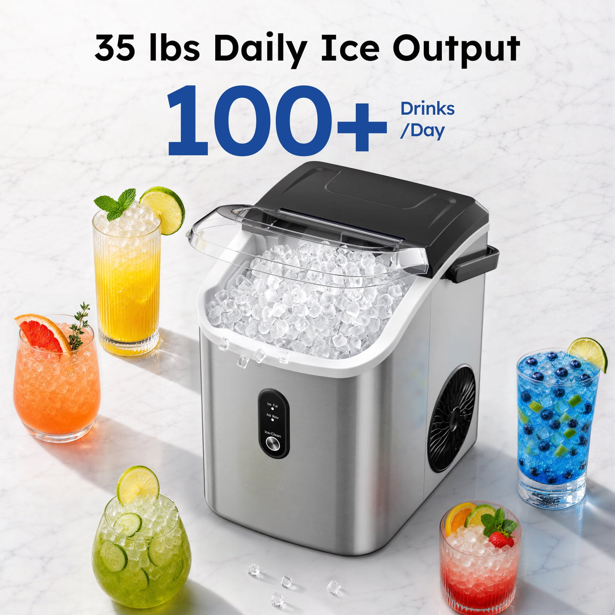 Simzlife 35lbs/24H Nugget Ice Maker Countertop,Portable Pebble Crushed Soft Chewable Ice Maker Machine with Self-Cleaning, Black